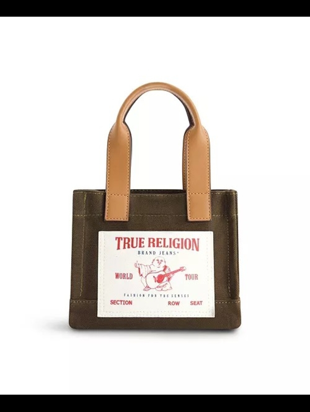 True Religion Olive Canvas Mini Tote with Tan Leather Handles
